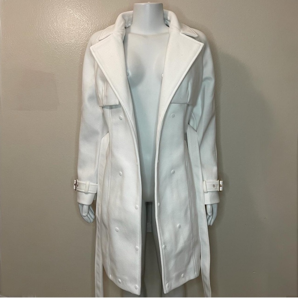 White removable faux fur belted wrap pea coat - Picture 6 of 12